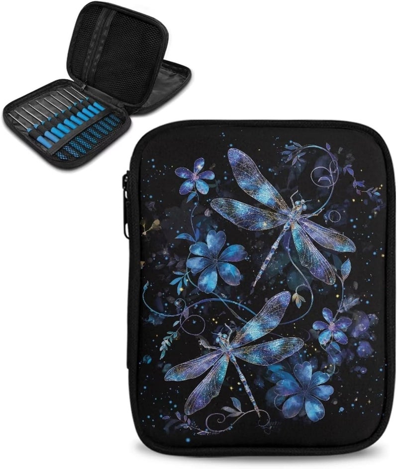 Hechitok Dragonfly Flower Empty Crochet Hook Case Portable Travel Crochet Storage Bag Organizer Zipper Bags with Web Pocket and Crochet Holder Slots for Crochet Knitting Accessories - Image 1